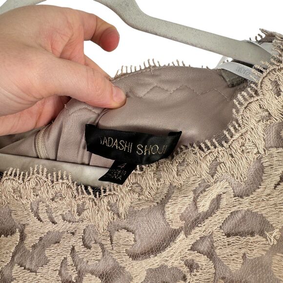 Tadashi Shoji Greta Lace Belted Bow Sheath Dress Sand Taupe Cocktail Womens 4 - Picture 3 of 7